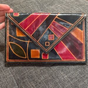 Vintage Hand Painted Leather Envelope Clutch Geometric Patchwork Bag